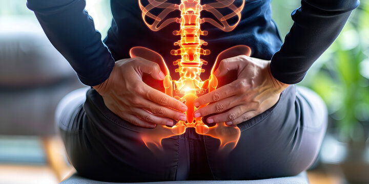 Coccyx Fracture: The Tailbone Pain and Discomfort - Imagine a person sitting uncomfortably, with a highlighted coccyx area, indicating pain and tenderness in the tailbone