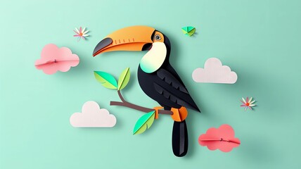 Fototapeta premium Vibrant Toucan Perched Amidst Pastel Clouds and Mint Green Backdrop in Playful Paper Collage Style