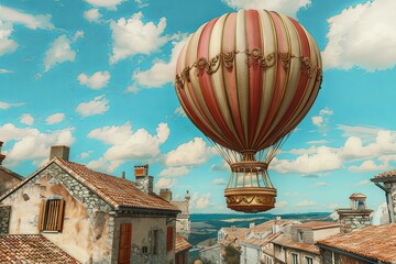 Vintage Hot Air Balloon Floating Over Quaint Historic Town with Charming Rustic Architecture and Picturesque Scenery