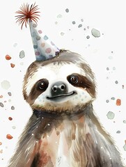 Fototapeta premium Whimsical Watercolor Sloth in Festive Party Hat