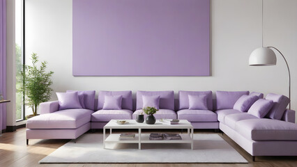 Modern living room interior inspired by light purple and white color, AI generated