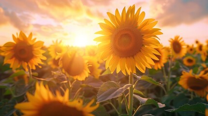 a large bouquet of sunflowers in a field with a sunset in the background generative ai
