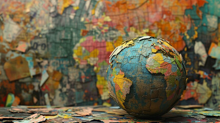 Naklejka premium A globe made of puzzle pieces with a colorful background.