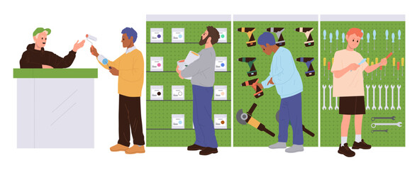 Power tools and hand instruments shop store with people customers and salesman at counter desk