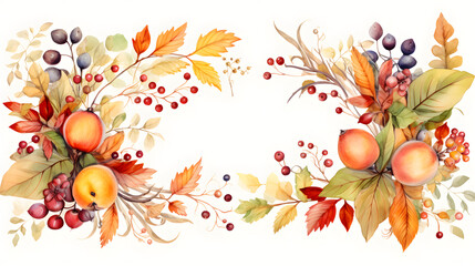 Digital vintage watercolor autumn leaves and berries abstract graphic poster web page PPT background