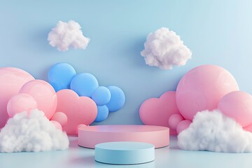 3D rendering podium, colorful background, clouds and weather with empty space for kids or baby product .