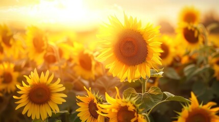 Obraz premium a large bouquet of sunflowers in a field with a sunset in the background generative ai