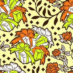 Gift box, ribbon and flowers seamless vector pattern for wrapping present with bow, party celebration, sale promotion, Textile print, fabric design, banner background. Hand drawn style illustration.