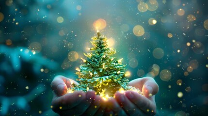 Hands holding a small, sparkling Christmas tree with magical lights against a blue bokeh background. - obrazy, fototapety, plakaty