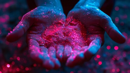 Hands holding bright pink and blue glitter, creating a cosmic effect under neon lighting. - obrazy, fototapety, plakaty