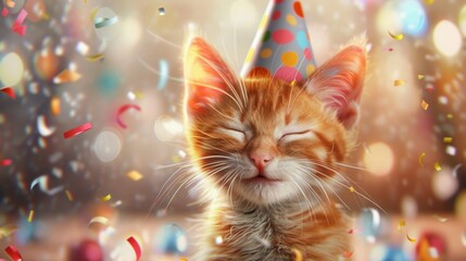 A content orange kitten with closed eyes wearing a polka dot party hat, surrounded by festive confetti. - obrazy, fototapety, plakaty