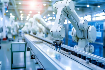 An industrial robot arm on an automated production line.