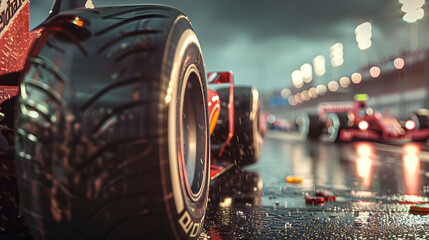 Closeup of F1 racing tires on the wet track
