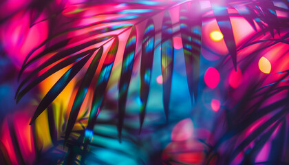 Palm tree leaves on neon blurred lights