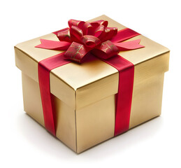 Obraz premium Golden gift box with a red ribbon bow on a white background 