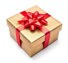 Obraz premium Golden gift box with a red ribbon bow on a white background 