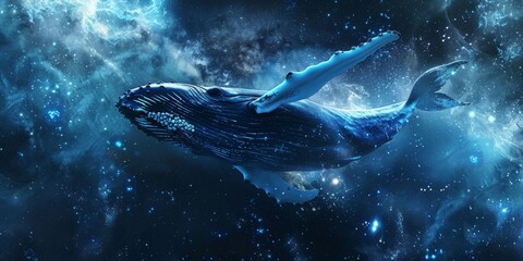 A digital art depiction of a humpback whale gliding through a star-filled cosmic background. - obrazy, fototapety, plakaty