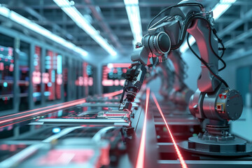 Obraz premium The picture shows a robotic arm on a production line.