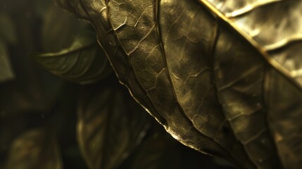 Macro shot showcasing the intricate texture and golden tones of a detailed leaf.