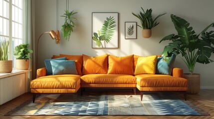 Corner Sofa Cozy Living Room: An illustration showcasing a corner sofa in a cozy living room setting