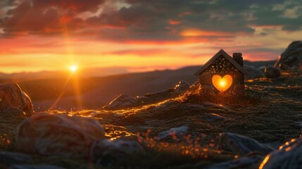 Heart-shaped lantern glowing among rocks during a breathtaking mountain sunset. - obrazy, fototapety, plakaty