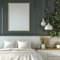 minimalist style bedroom apartement space morningday with green dark walls,green plants, cozy sofa with Interior Mockup with one white photo frame in the background