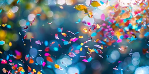 A dazzling display of multicolored confetti adrift amidst a bokeh of light spots.