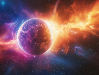 Obraz premium In the vast expanse of space Earths magnetic lines shimmer in neon colors a 3D visualization of the planets invisible shield against cosmic forces. Generative ai.