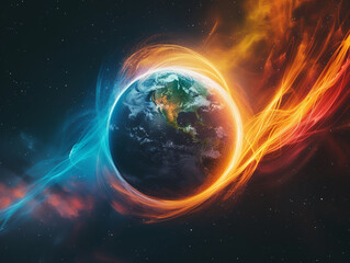 Obraz premium Neon arcs trace the Earths magnetic field in 3D wrapping the planet in a luminous dance of colors that protect and define its presence in the cosmos. Generative ai.