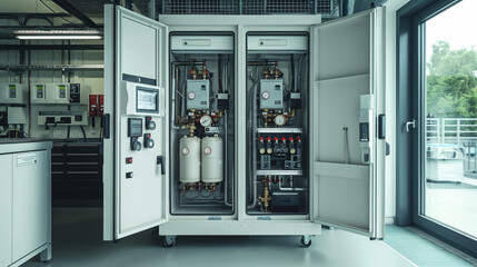 Hydraulic cabinets with fluid supply equipment, automatic valves and metering sensors