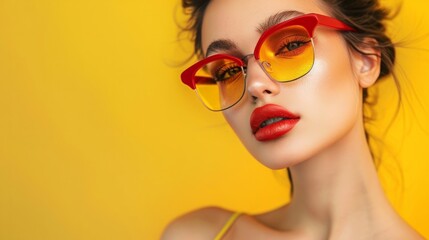 Fototapeta premium young woman with red and yellow sunglasses generative ai