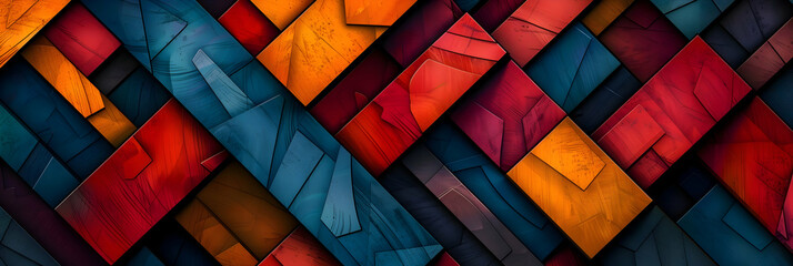 A vivid abstract artwork of interlocking geometric shapes in primary colors, resembling a complex puzzle, captured with high-resolution camera techniques to enhance the sharpness and color depth