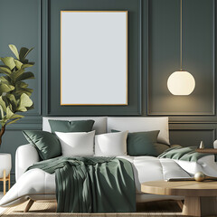 minimalist style bedroom apartement space morningday with green dark walls,green plants, cozy sofa with Interior Mockup with one white photo frame in the background