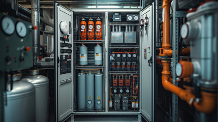 Naklejka premium Hydraulic cabinets with fluid supply equipment, automatic valves and metering sensors