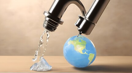 A close-up image depicting a human hand and a water tap to save water, symbolizing water conservation efforts, with a small globe to emphasize global impact. generative.ai