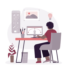 Digital artist drawing with pen tool in graphic editor program. Female creative illustrator creating illustration or design graphic. Freelancer at work.