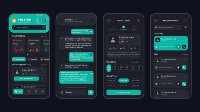 Medical app mobile screens template fulll editable and vector dark mode