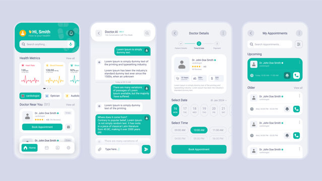 Medical app mobile screens template fulll editable and vector Light mode