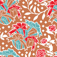 Gift box, ribbon and flowers seamless vector pattern for wrapping present with bow, party celebration, sale promotion, Textile print, fabric design, banner background. Hand drawn style illustration.