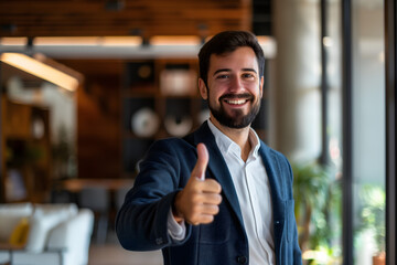 businessman in the office smiling and making a thumbs up gesture.