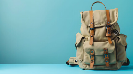 Obraz premium Backpack hanging on a blue background with copy space