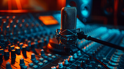 Close up of microphone in recording studio with sound board and equipment