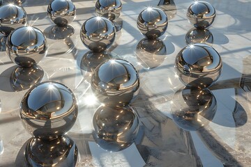A cluster of metallic spheres arranged in a precise geometric configuration, casting distorted shadows on a highly reflective surface.