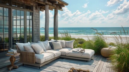 Fototapeta premium Outdoor Sofa Beachside Relaxation: Photos showcasing outdoor sofas near the beach