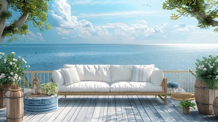 Outdoor Sofa Coastal Escape: An illustration of an outdoor sofa on a coastal deck, overlooking the ocean