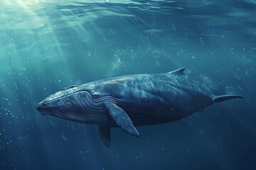 Naklejka premium A giant Blue whale gracefully swimming underwater, its majestic form contrasting with the peaceful ocean surroundings