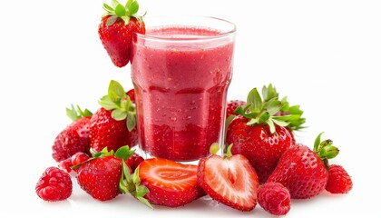 White background with fresh strawberries and smoothies
