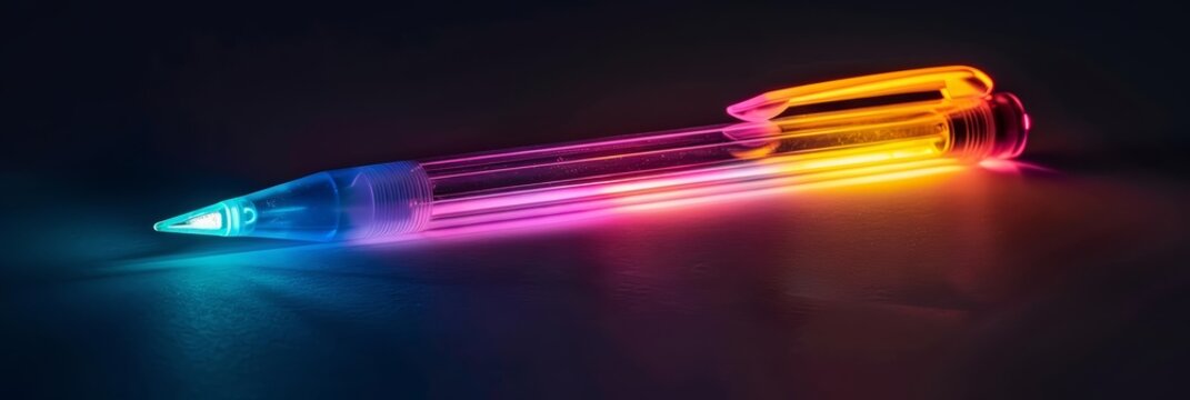 A futuristic pen with builtin AI suggests edits as you write, glowing softly in a spectrum of neon colors