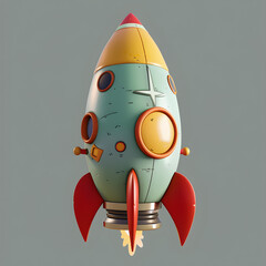 A cartoon rocket with a yellow and green body and red and yellow fins. The rocket is in the middle of a launch and is surrounded by a grey background. Generative AI