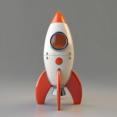 A cartoon rocket with a yellow and green body and red and yellow fins. The rocket is in the middle of a launch and is surrounded by a grey background. Generative AI